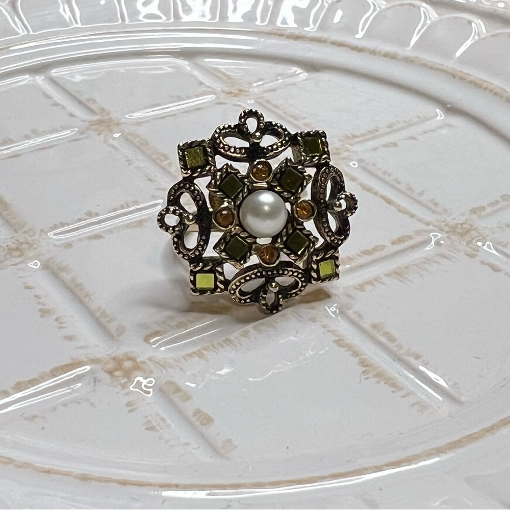 Vintage-Style Cocktail Ring with Faux Pearl & Green/Amber Stones – Size 5 - Picture 1 of 6